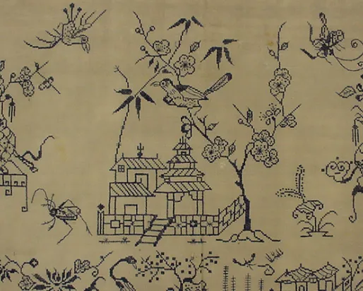 Black ink drawing on beige background showing a scene with stylized plants, animals, and a small building.