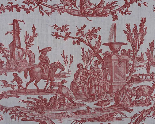 Red toile fabric pattern showing pastoral scenes with people riding horses, trees, and classical urns.