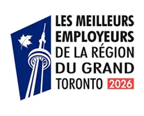 GREATER TORONTO'S TOP 2026 EMPLOYERS avec un graphique bleu stylisé de la Tour CN et de la feuille d'érable à gauche.