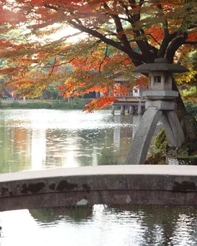 Stone bridge over a pond with autumn-colored trees and a traditional Japanese stone lantern beside the water.