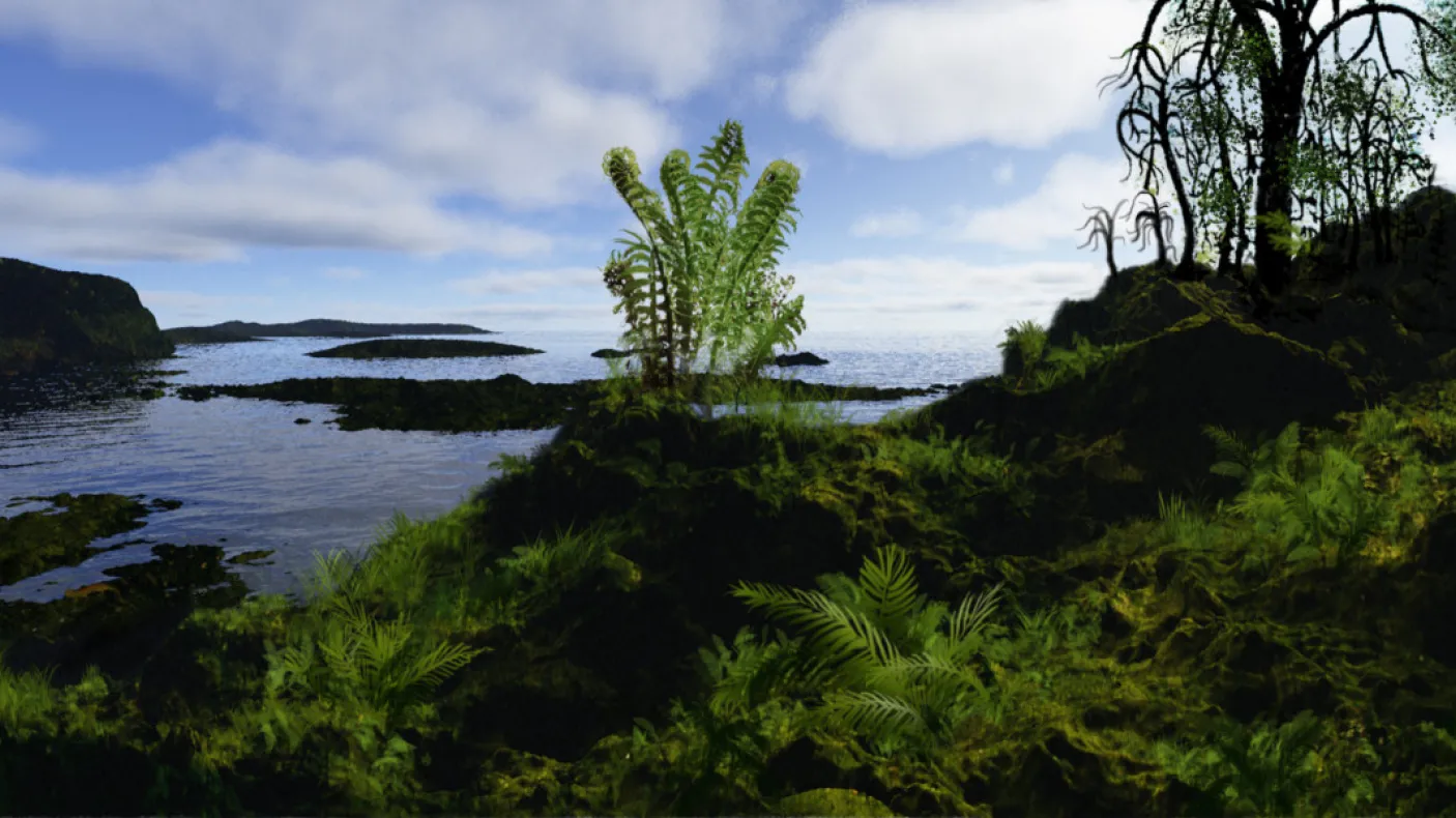 Coastal landscape with moss-covered rocks, a small evergreen tree, and a partly cloudy sky.