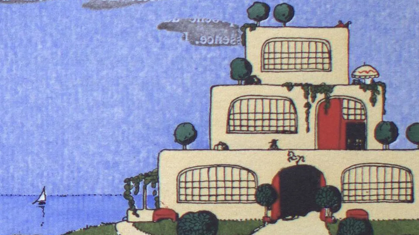 Illustration of a multi-level building with rounded windows, surrounded by trees and bushes against a blue sky.