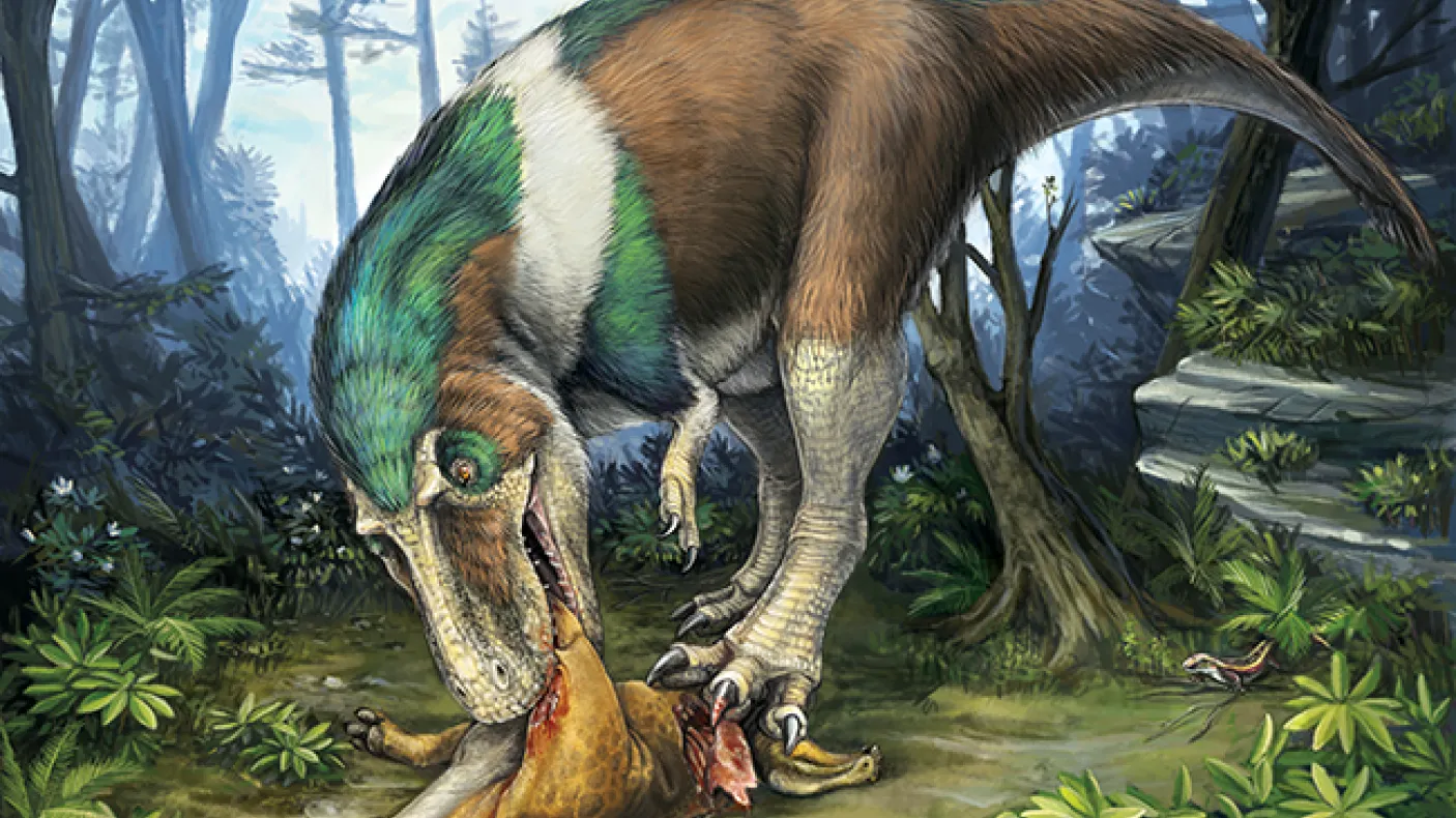 Illustration of a feathered dinosaur standing over a fallen individual in a dense forest setting.
