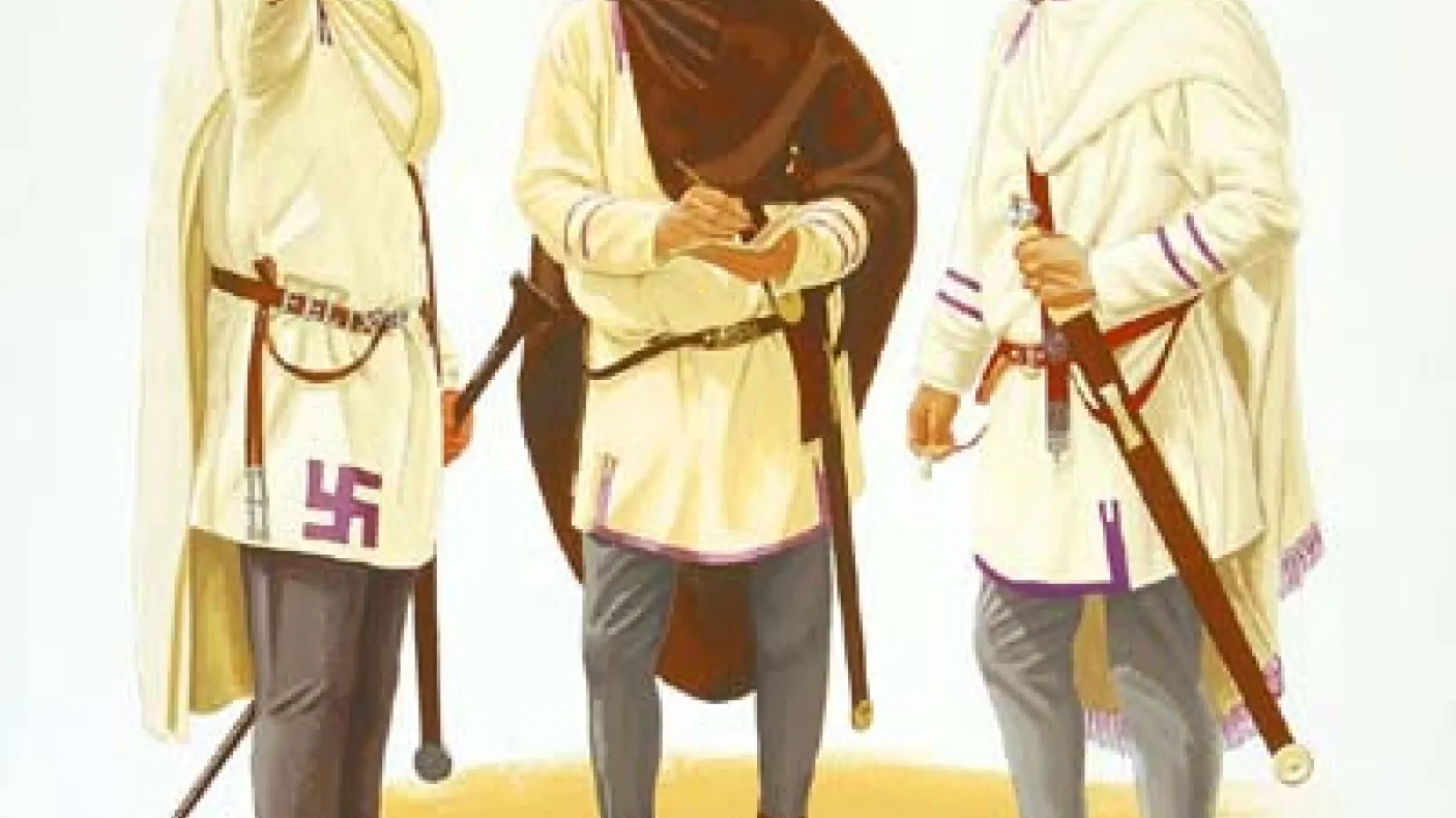 Illustration of three men standing, wearing white and beige robes with belts and holding swords.