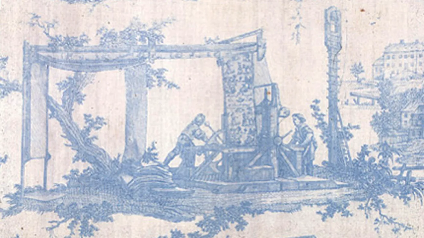 The image shows a faded blue and white textile depicting a scene with figures and architectural elements.