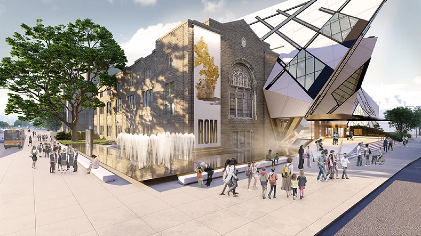 Exterior view of the Royal Ontario Museum with its modern crystal-like angular facade and historic stone building.