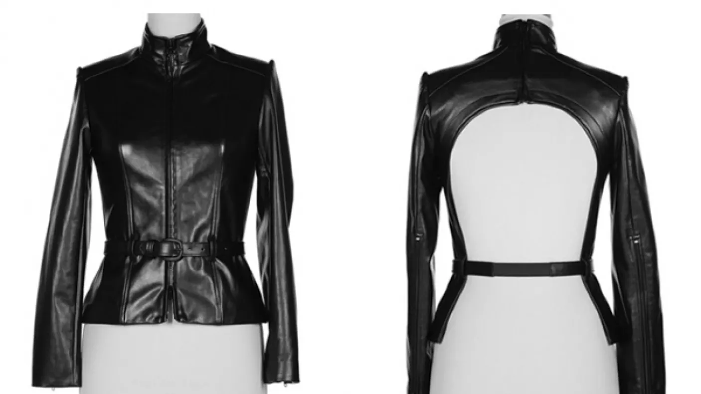 Front and back views of a black leather jacket with a high collar and a large open cutout on the back.
