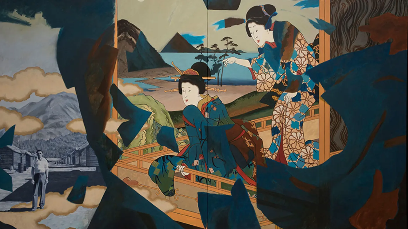 Peinture d'un résident d'un camp d'internement en Colombie-Britannique et de femmes vêtues de kimonos tirées d'une estampe ukiyo-e du XIXe siècle.
