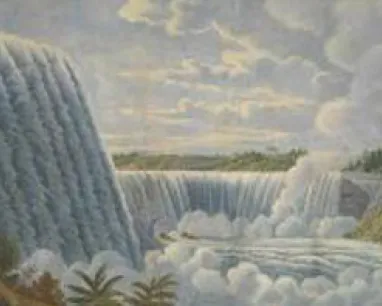 Waterfalls cascading over cliffs with clouds and a partly cloudy sky in the background.