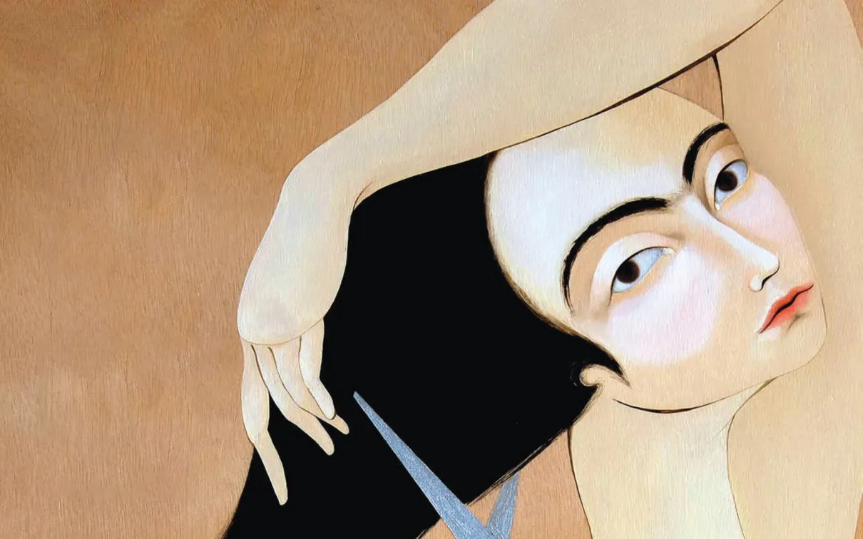 Illustration of a pale-skinned person with long black hair holding scissors near their hair as if about to cut it.