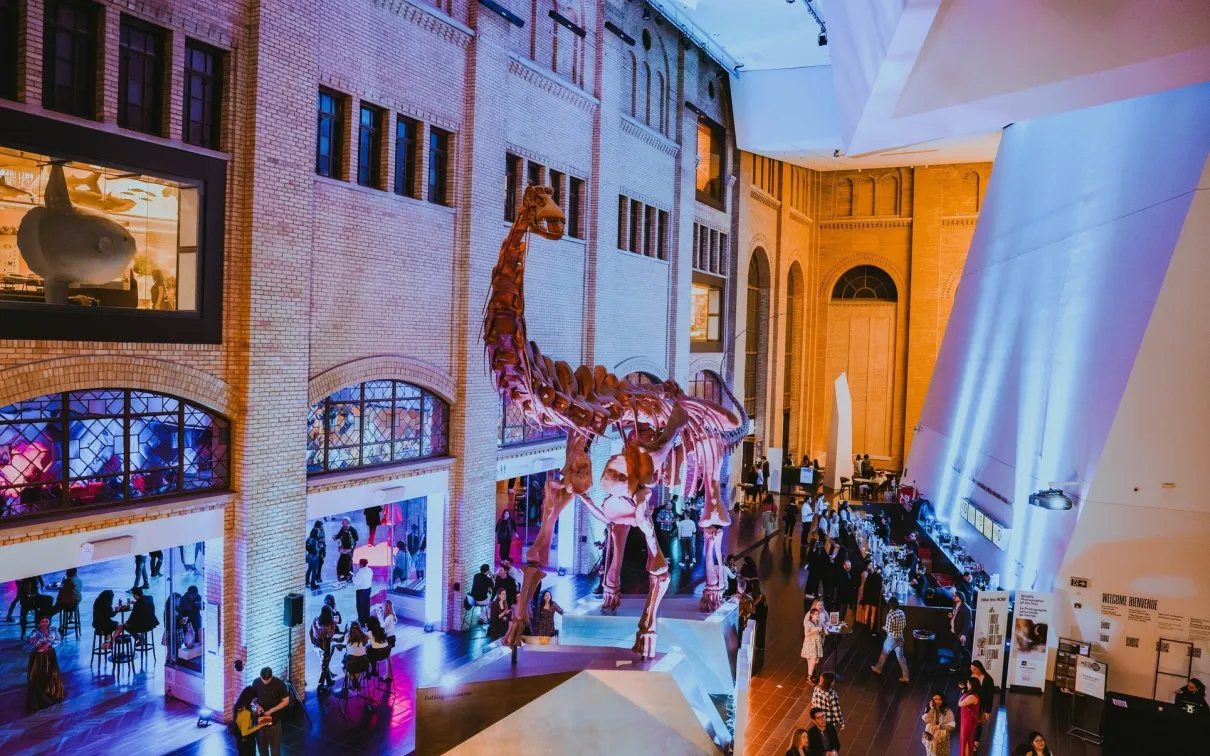 Interior view of a museum hall with visitors, featuring dinosaur skeleton displays and illuminated architectural columns.