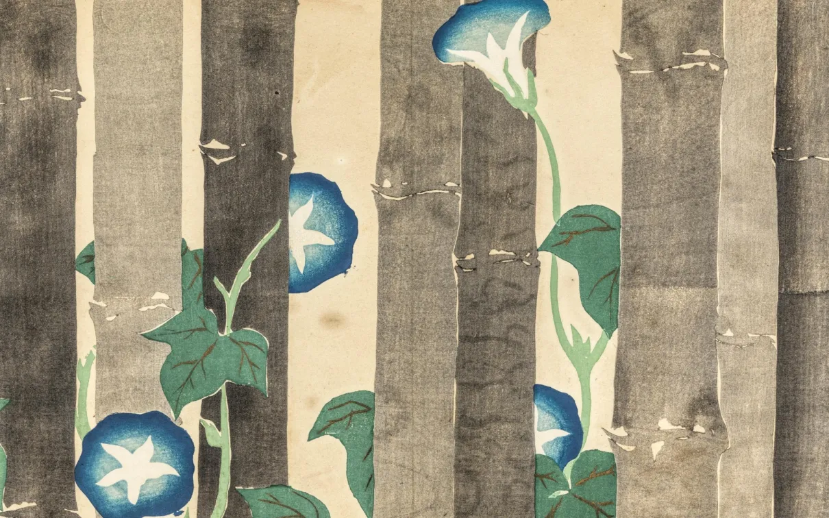 A vertical artwork of brown bamboo stalks with blue and white morning glory flowers and green leaves entwining them.