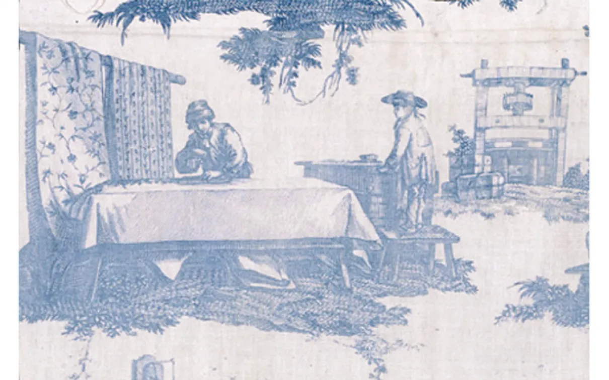 Textile fragment entitled Les Travaux de la Manufacture. Jean Baptiste Huet (French painter, 1745 - 1811) for Oberkampf. Jouy-en-Josas, France. 1783-1784. Copperplate-printed cotton tabby. 934.4.443.A Harry Wearne Collection, Gift of Mrs. Harry Wearne. [Image 1: woodblock printing]. [Image 2: copperplate printing].
