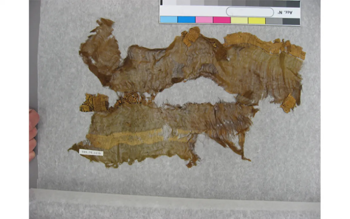 Tiraz textile fragment (qasab). Egypt. Fatimid Dynasty. mid 11th century. Gauzy linen tabby with tapestry in silk and gold leaf. 980.78.111.A Wilkinson Collection, Gift of Albert and Federico Friedberg. Certified by the Canadian Cultural Property Export Review Board under the terms of the Cultural Property Export and Import Act.