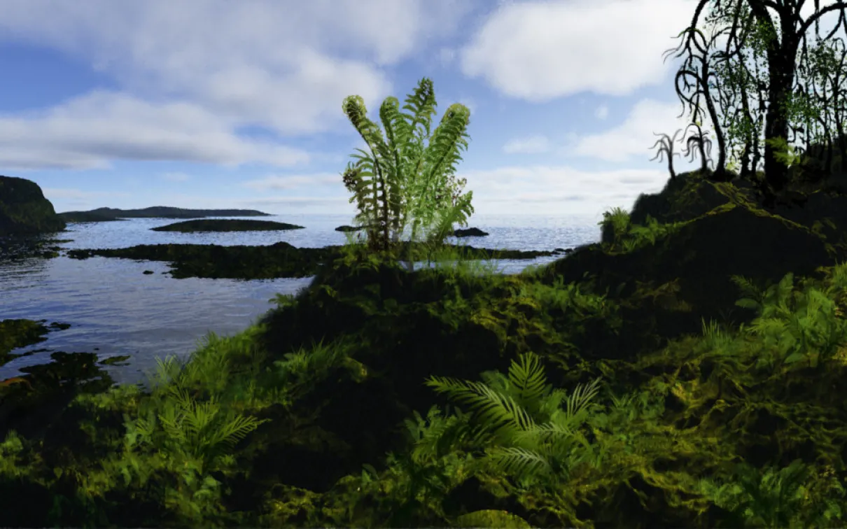 Coastal landscape with moss-covered rocks, a small evergreen tree, and a partly cloudy sky.