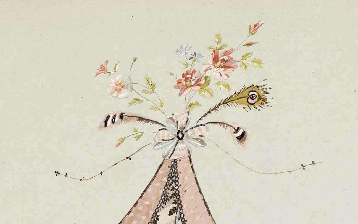 Drawing of a teepee with flowers, feathers, and an eye symbol rising from its top.