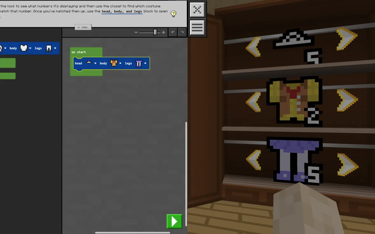 A Minecraft screenshot of a code window matching clothing styles to a series of numbers displayed on the head, body, and legs costume elements in a wardrobe