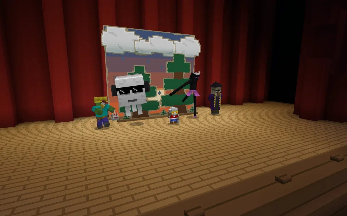 A minecraft screenshot of a small robot standing on a stage, wearing costumes and dancing before a painted backdrop. Acting as backup dancers to the robot are a zombie in a construction helmet, an enderman with a tiara and tutu, a witch with glasses and a measuring tape, and a ghast with sunglasses and headphones.