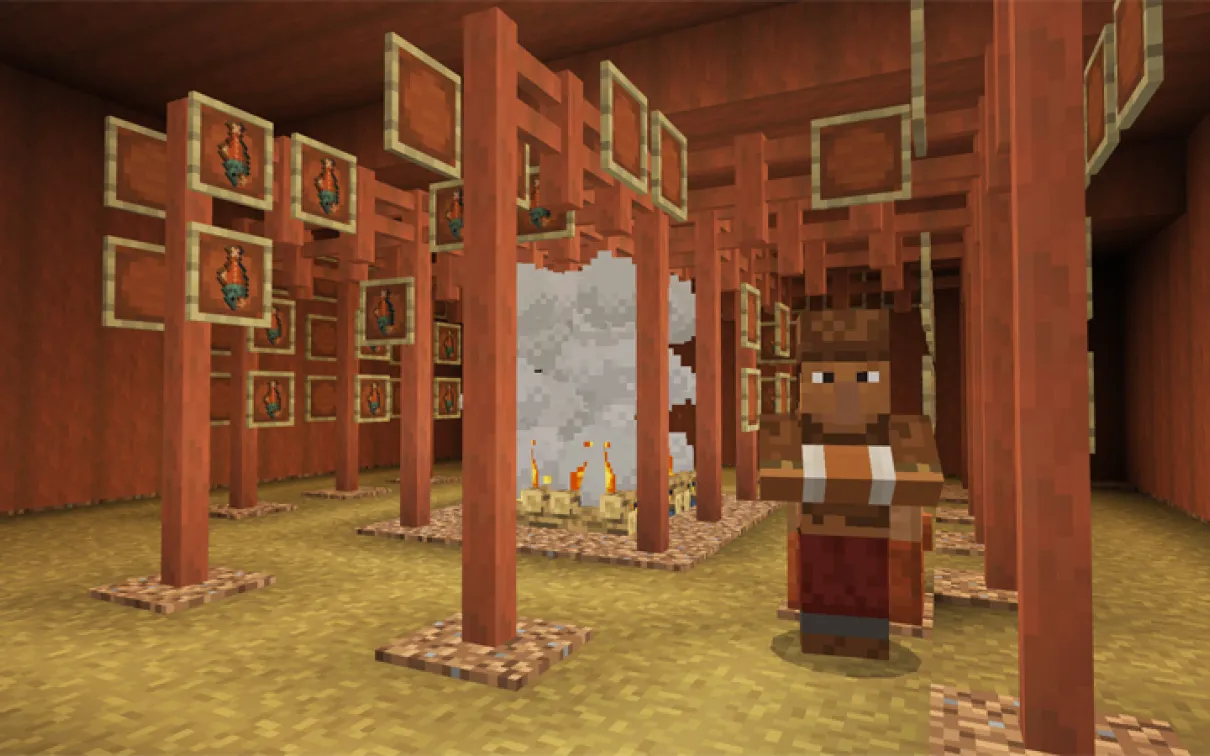 A Minecraft screenshot of an Indigenous Knowledge Carrier standing in a salmon smokehouse.