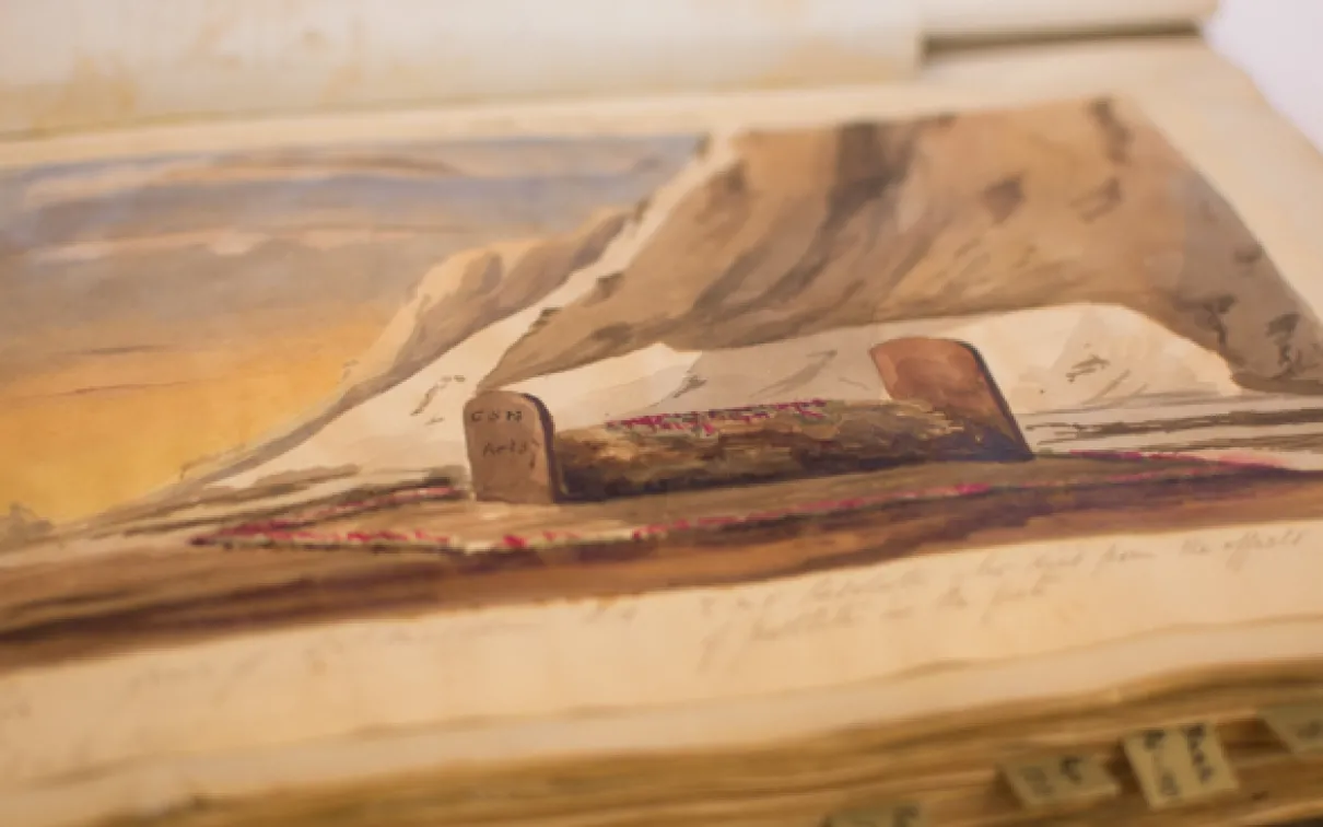 Watercolor of the grave of G.S. Malcolm A.B., who died of frostbite during the search for Franklin. Photo by Dorea Reeser
