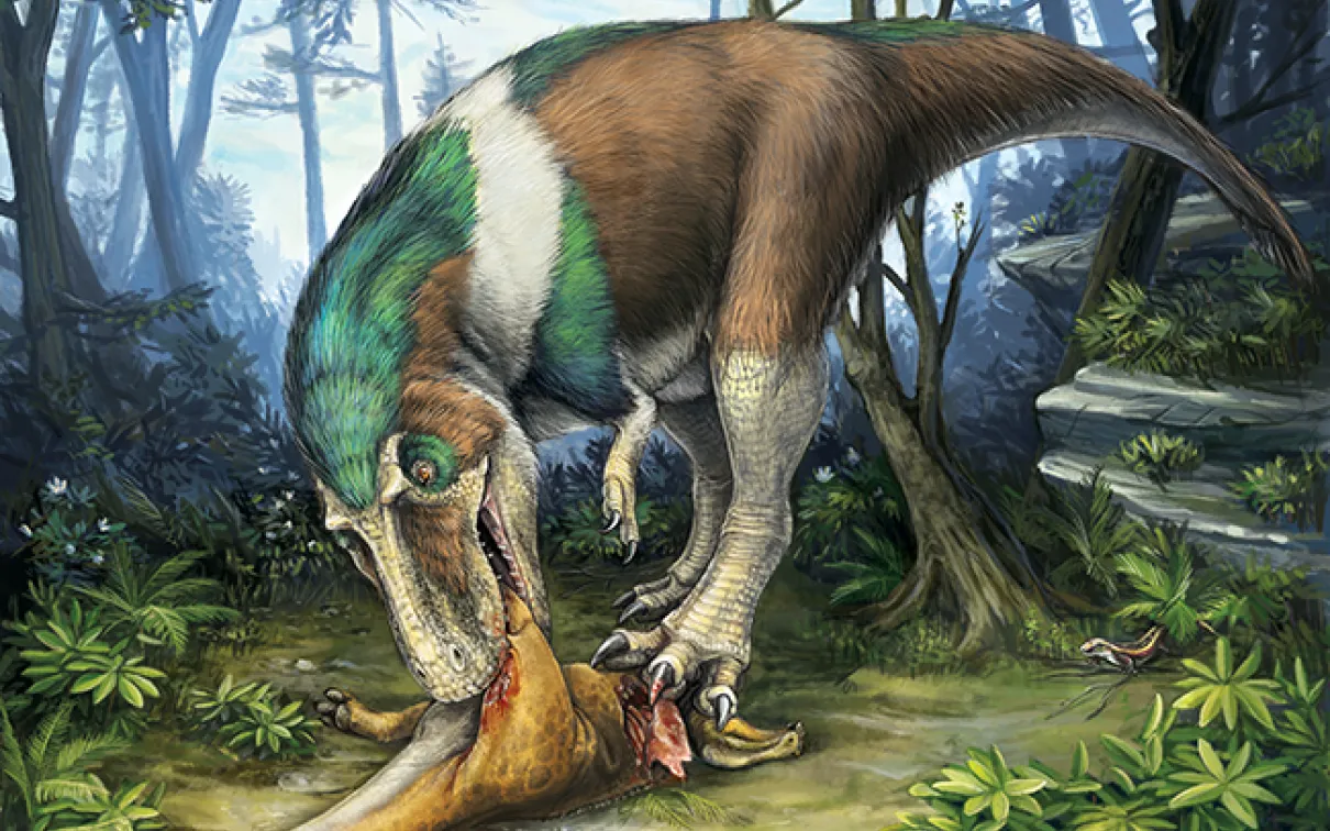 Illustration of a feathered dinosaur standing over a fallen individual in a dense forest setting.