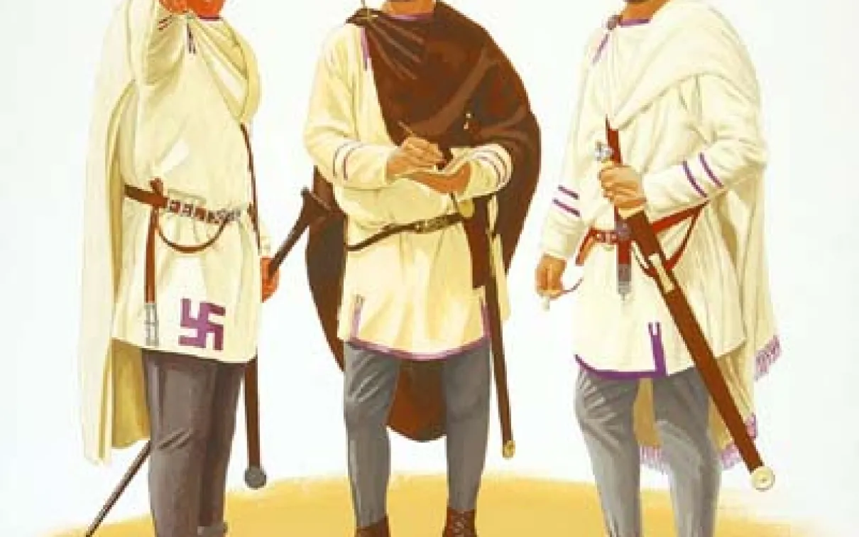 Illustration of three men standing, wearing white and beige robes with belts and holding swords.
