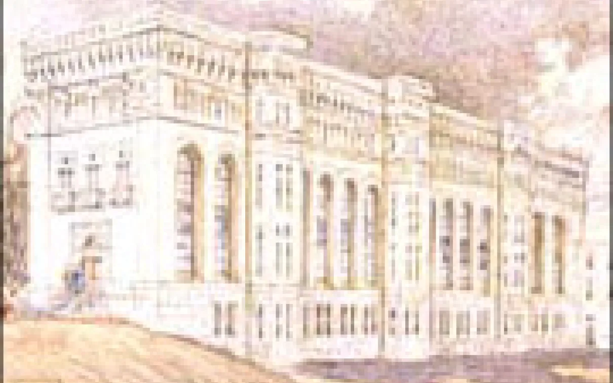 Historic architectural drawing of a grand, multi-story classical building with tall windows and decorative roofline details.