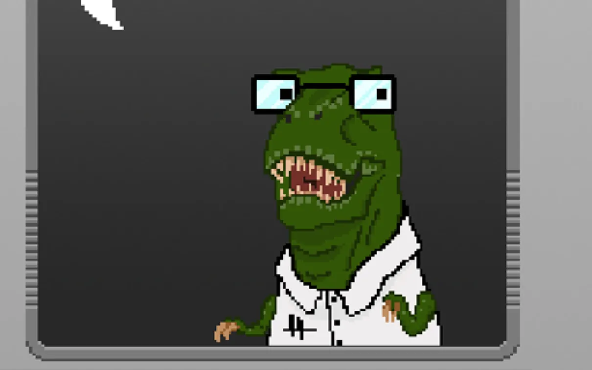 an animated dinosaur with a white shirt and glasses
