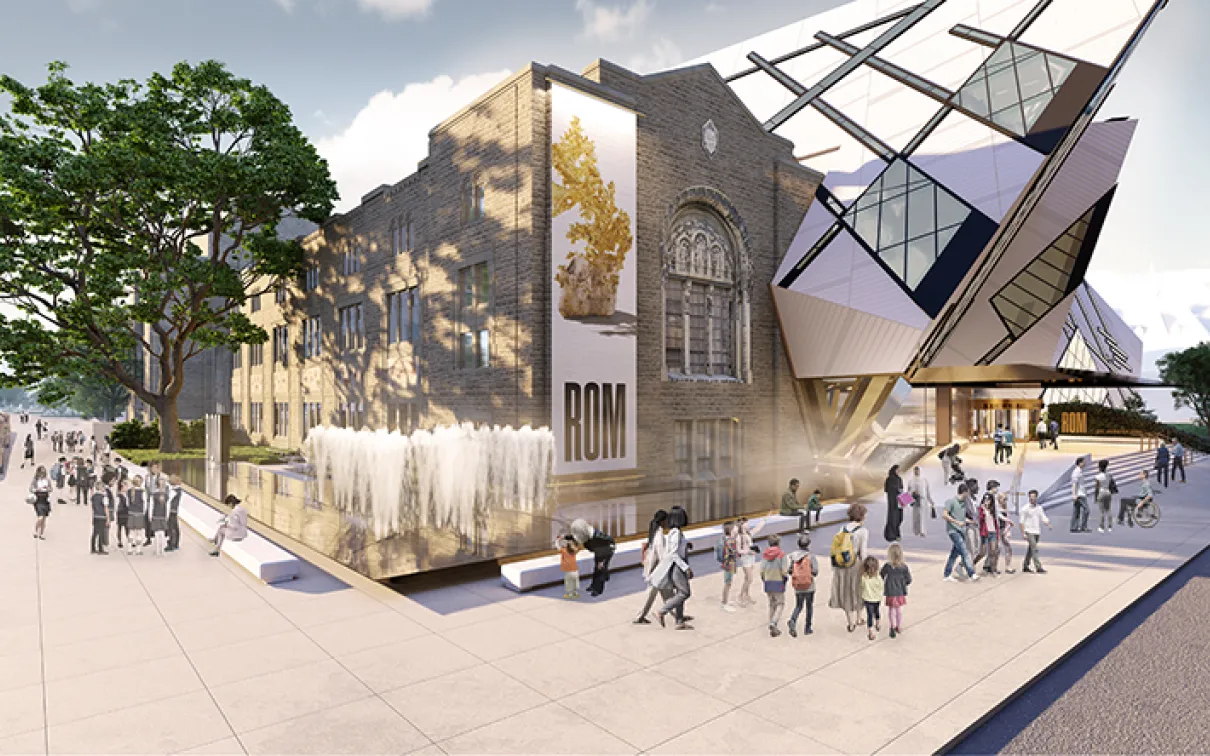 Exterior view of the Royal Ontario Museum with its modern crystal-like angular facade and historic stone building.