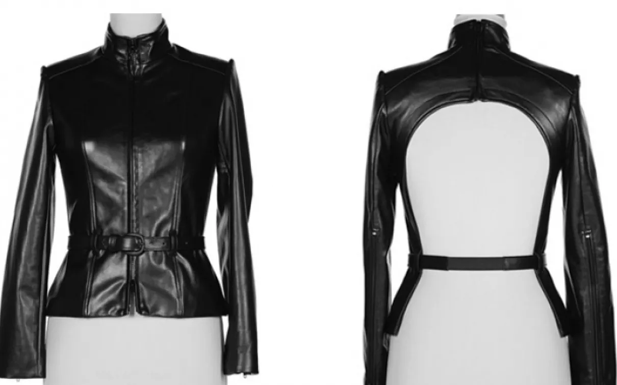 Front and back views of a black leather jacket with a high collar and a large open cutout on the back.