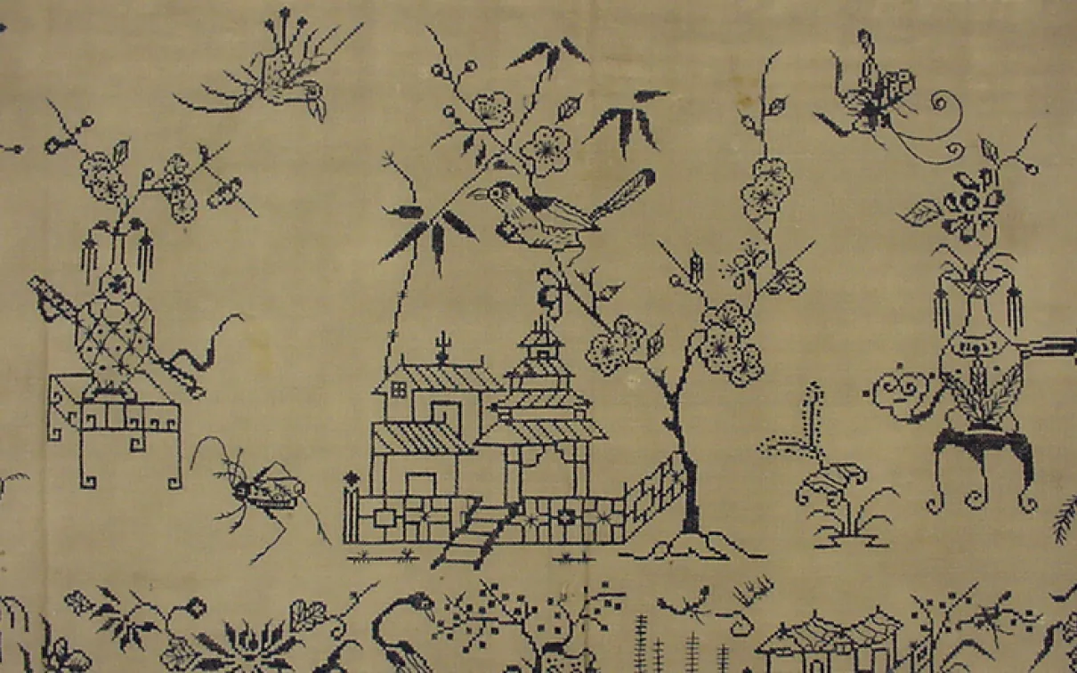 Black ink drawing on beige background showing a scene with stylized plants, animals, and a small building.
