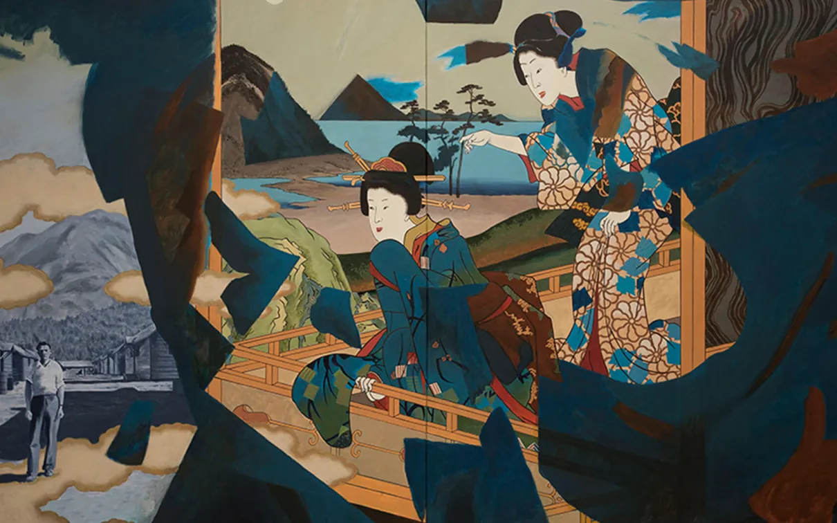 Peinture d'un résident d'un camp d'internement en Colombie-Britannique et de femmes vêtues de kimonos tirées d'une estampe ukiyo-e du XIXe siècle.
