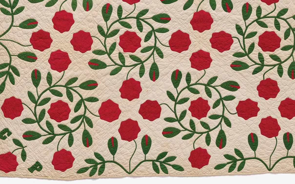 Appliqué quilt, "Wreath of flowers" or "garden wreath" pattern, 1865, Catherine Petit Gage, Fruitland, ON. Appliquéd and pieced cotton. 967.168.2. Gift of Hattie I. and Charlotte Jones.  Image @ ROM.