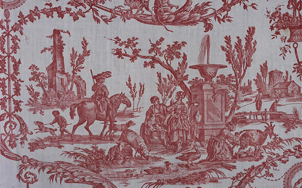 Red toile fabric pattern showing pastoral scenes with people riding horses, trees, and classical urns.