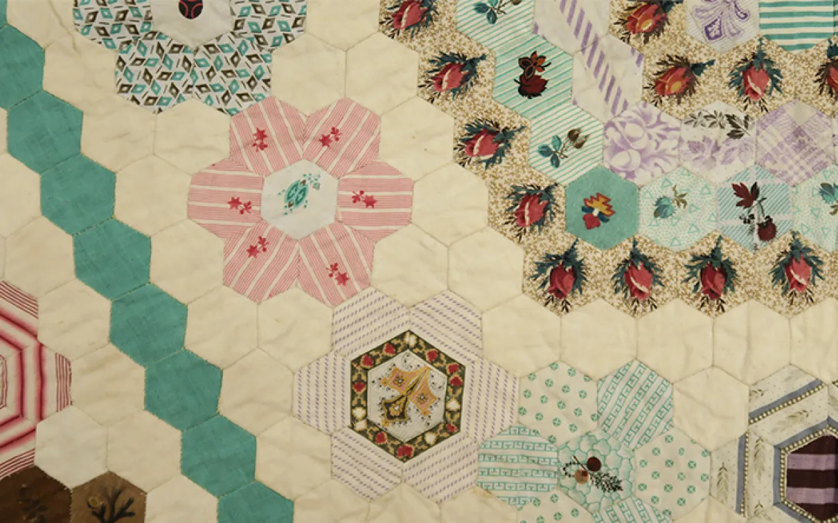 Pieced quilt. Made in England; used in Barbados. 1800-1825. Printed cotton. 949.259 Gift of Mr. and Mrs. R.J. Mercur.