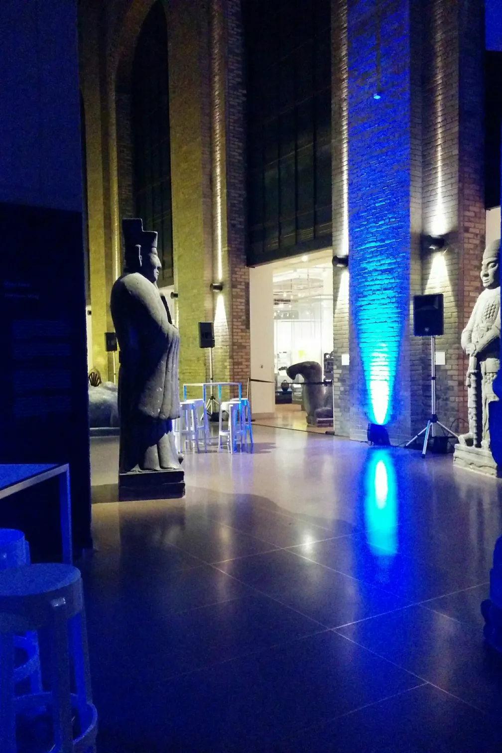 Gallery of Chinese Architecture with blue glowing lights at Royal Ontario Museum.
