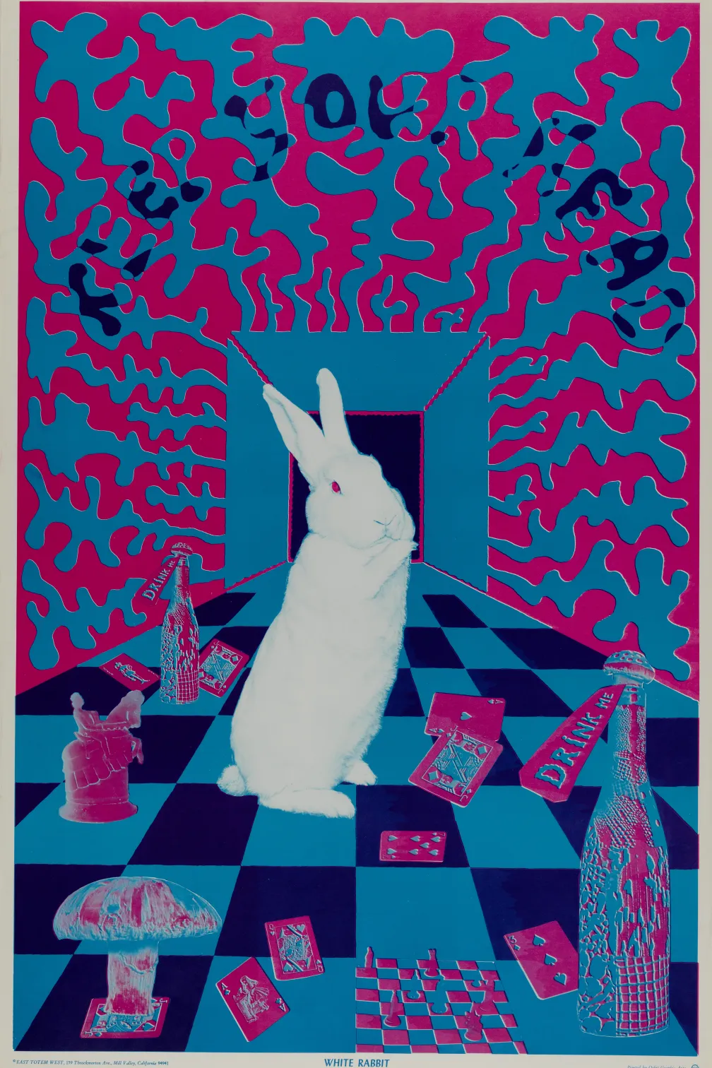 Poster with the text: "A QUICKLY TRANSMUTING FACTUAL IMAGE" in wavy red and blue patterns surrounding a white rabbit on a checkered floor.
