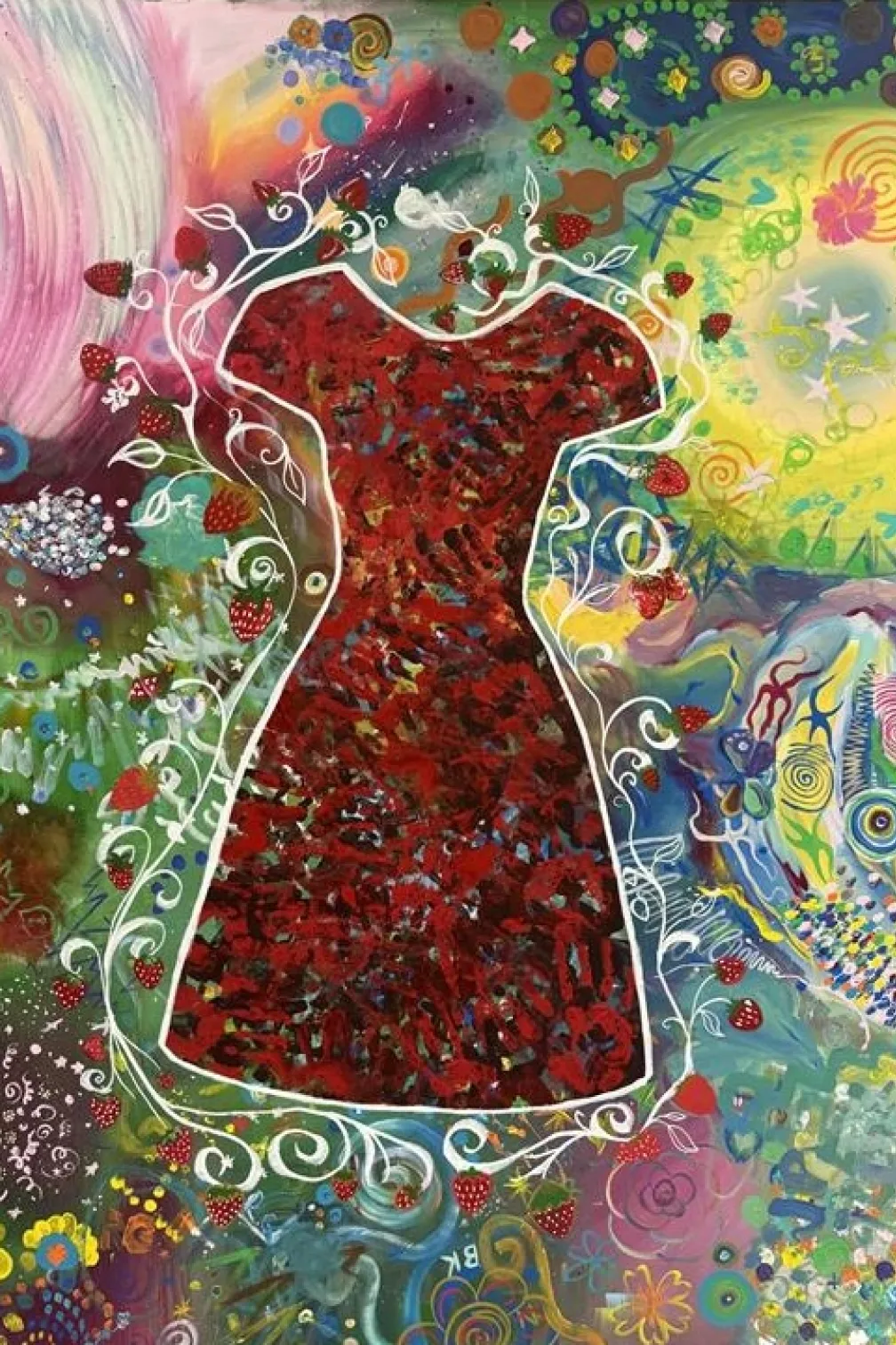 Dessin d'une robe rouge entourée de fraises sur un fond coloré. 
