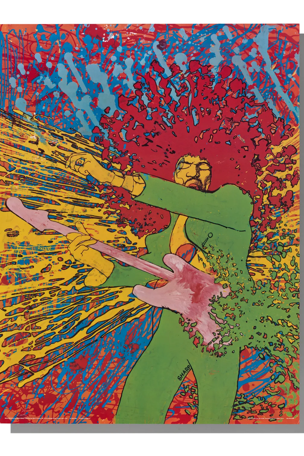 A green silhouette holding a shotgun with multicolored splatters of paint radiating outward.