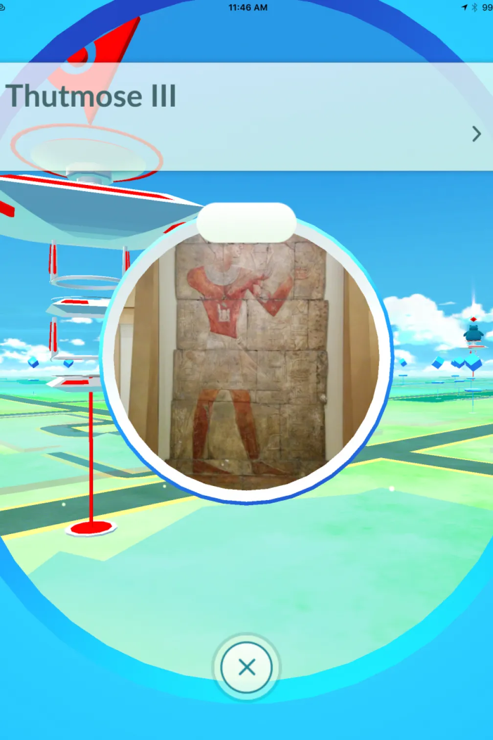 Screenshot of a Pokémon GO gym labeled "Thutmose III" with an ancient Egyptian mural as the gym badge.
