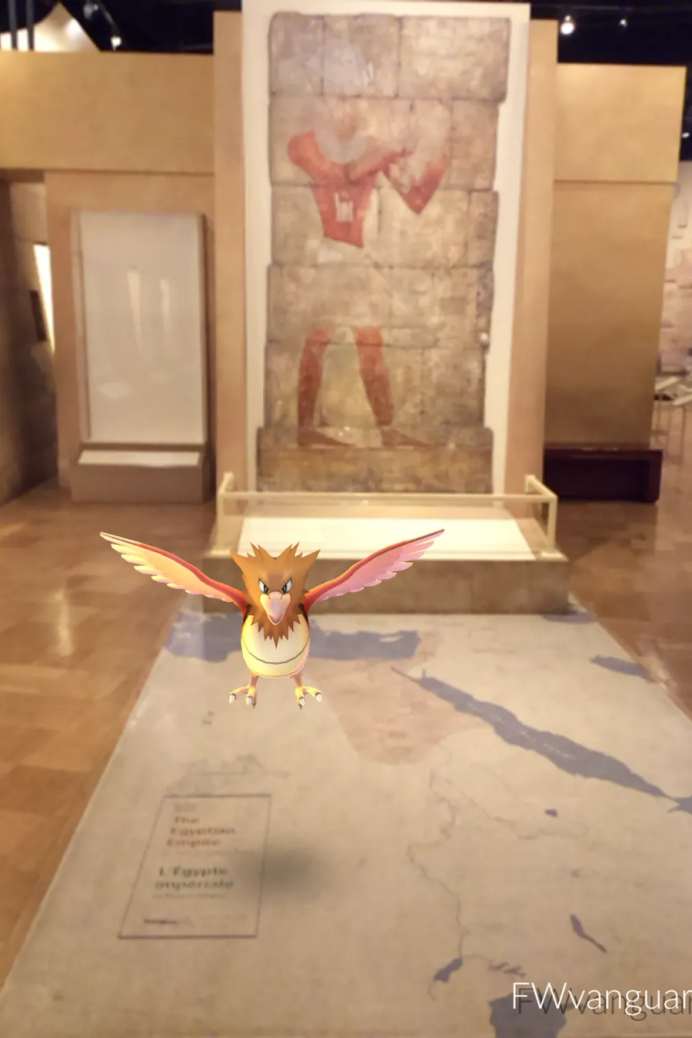 An ancient Egyptian painted wall panel behind a museum display with a wingspan of a Pidgey Pokémon superimposed in front.