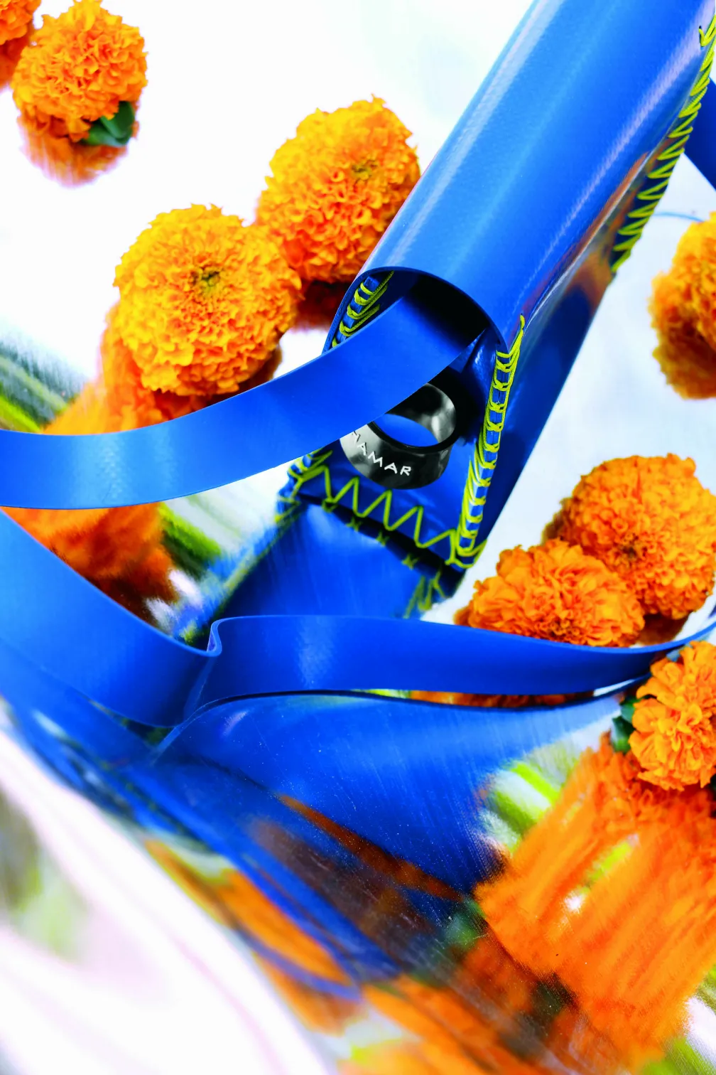 Blue handbag.