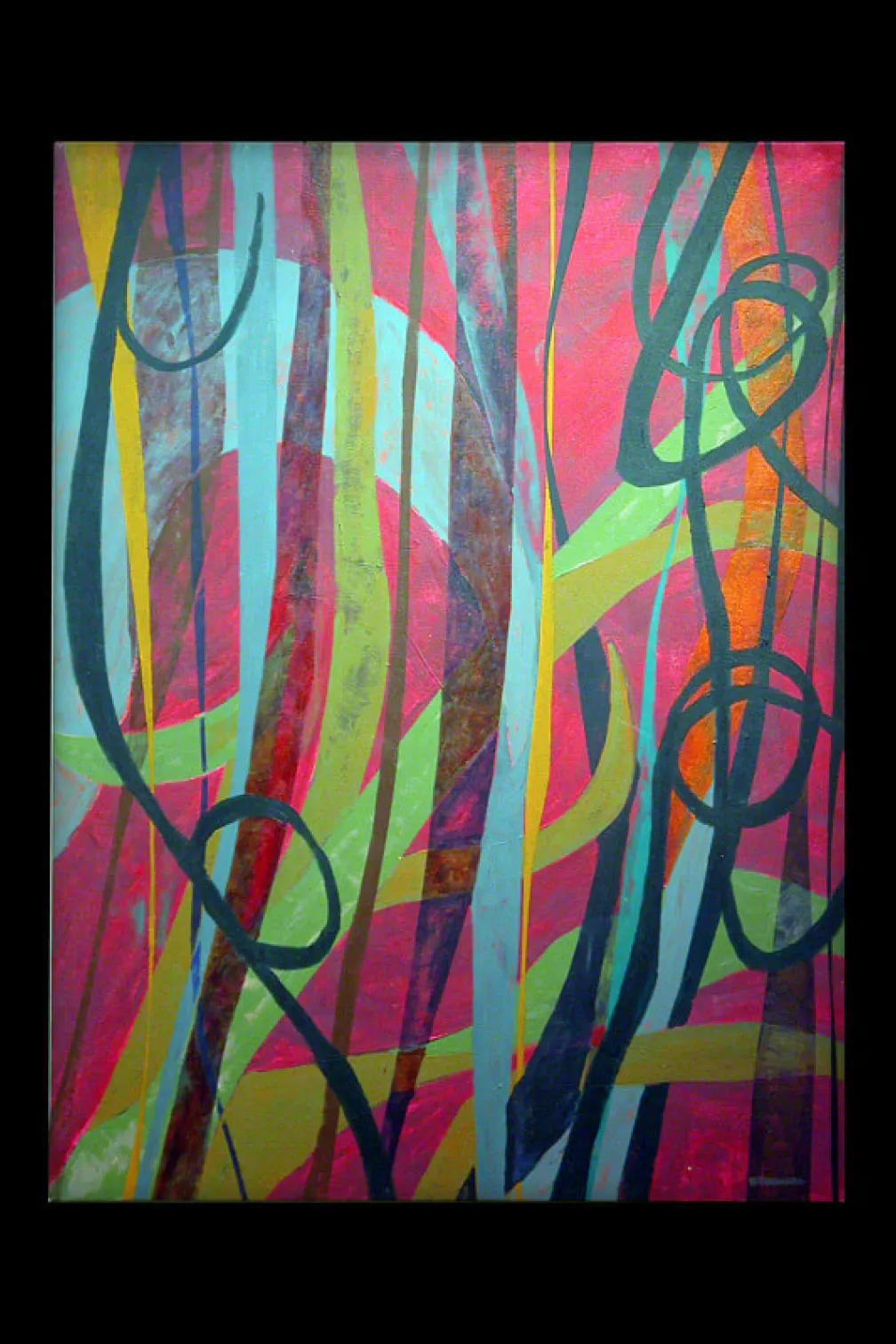 Peinture acrylique sur toile ; lignes roses, vertes et bleues.
