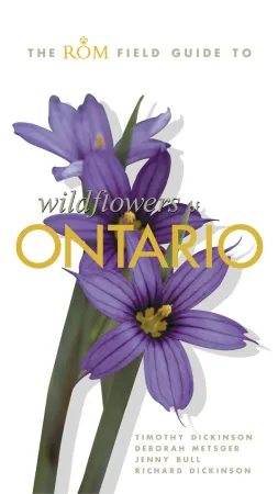 The ROM Field Guide to wildflowers of Ontario with purple flowers and yellow text on white background.
