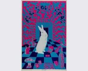 A white rabbit wearing a blue vest stands upright on a checkered floor surrounded by scattered playing cards with pink hearts and diamonds.