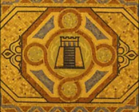 Hexagonal mosaic tile with a central dark tower emblem surrounded by a gold and brown pattern.