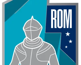 Silhouette of a knight in armor with a blue number 1 and the text ROM inside the number.