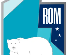 ROM logo with a white polar bear silhouette on a blue and teal geometric background and white stars.